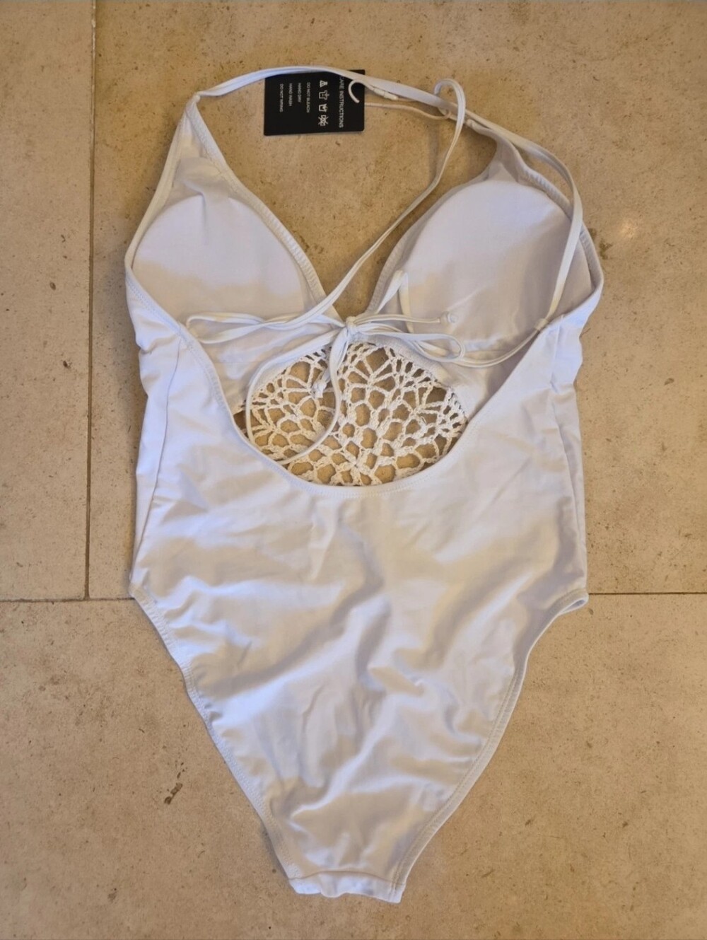 In*x*cy One Piece Bohemian Swimsuit Crochet Cutout White Cross Ties MEDIUM NWTBo - Picture 3 of 4